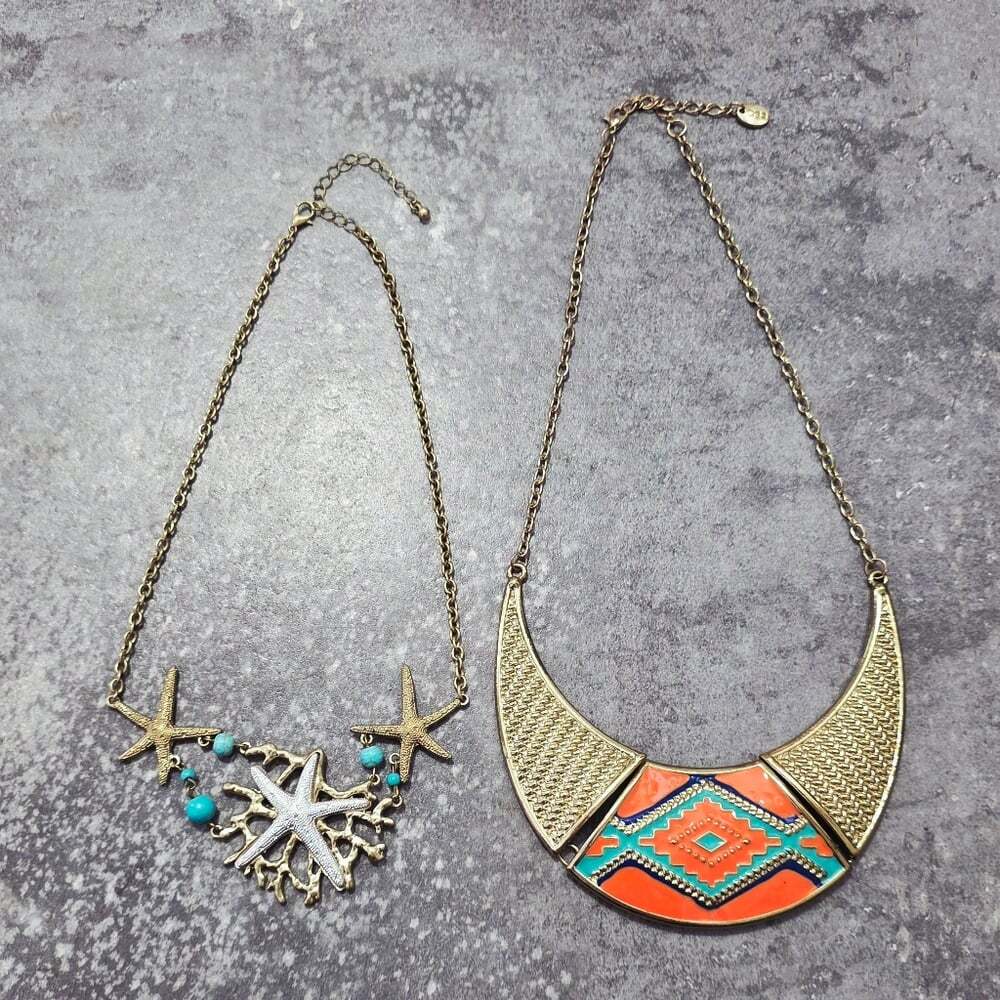 Gold Silver and Turquoise Starfish Necklace & Large Enamel Statement Necklace